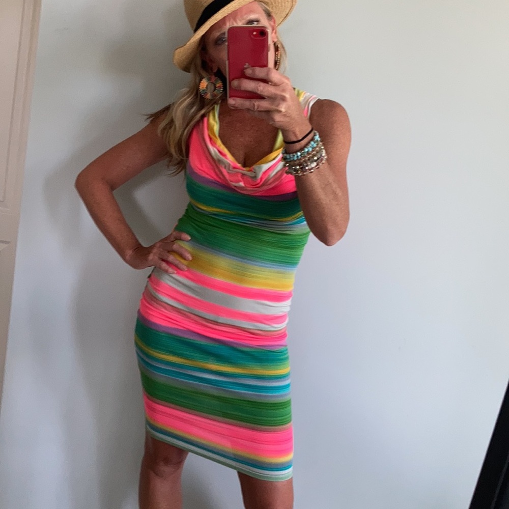 Striped, Draped Neck Fitted Dress - Picture 3 of 16